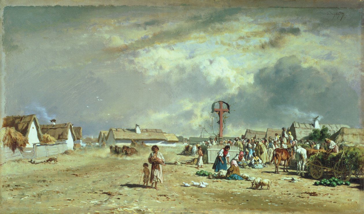 De Markt in Szolnol, Hongarije door August Xaver Karl von Pettenkofen