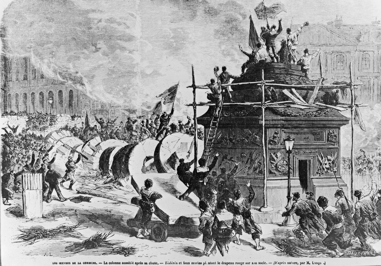 De Vendômezuil net na zijn val, Federes en nepzeelieden plaatsen de rode vlag in het voetstuk, 16 mei 1871 door Auguste Andre Lancon
