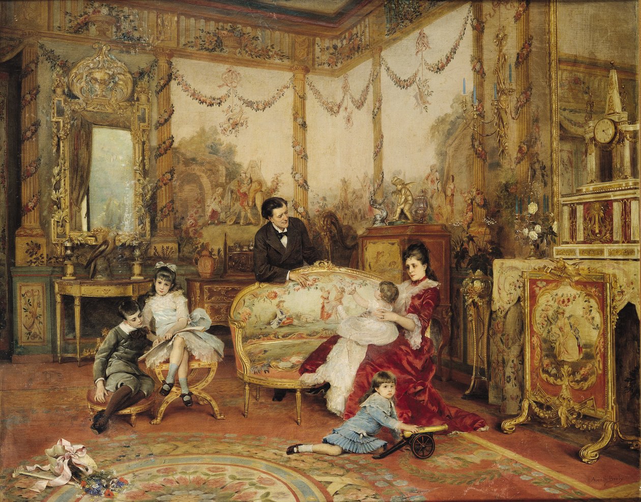 Victorien Sardou (1831-1908) en zijn Familie in hun Woonkamer in Marly-le-Roi, ca. 1875 door Auguste de la Brely