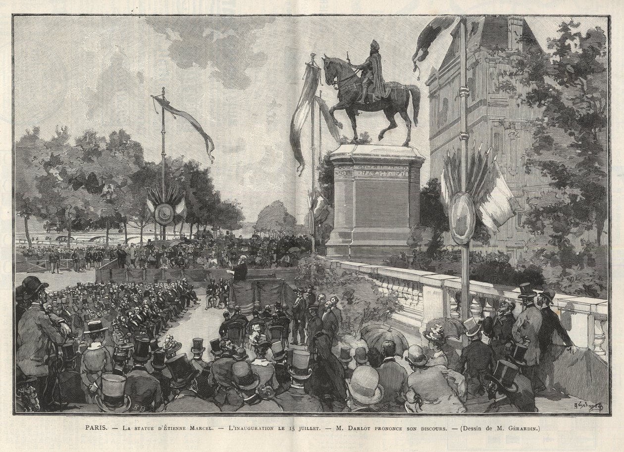 Parijs - Toespraak door Mr. Darlot tijdens de inhuldiging op 15 juli 1888 in het stadhuis van Parijs van het standbeeld van Etienne Marcel - Tekening door Gerardin in 