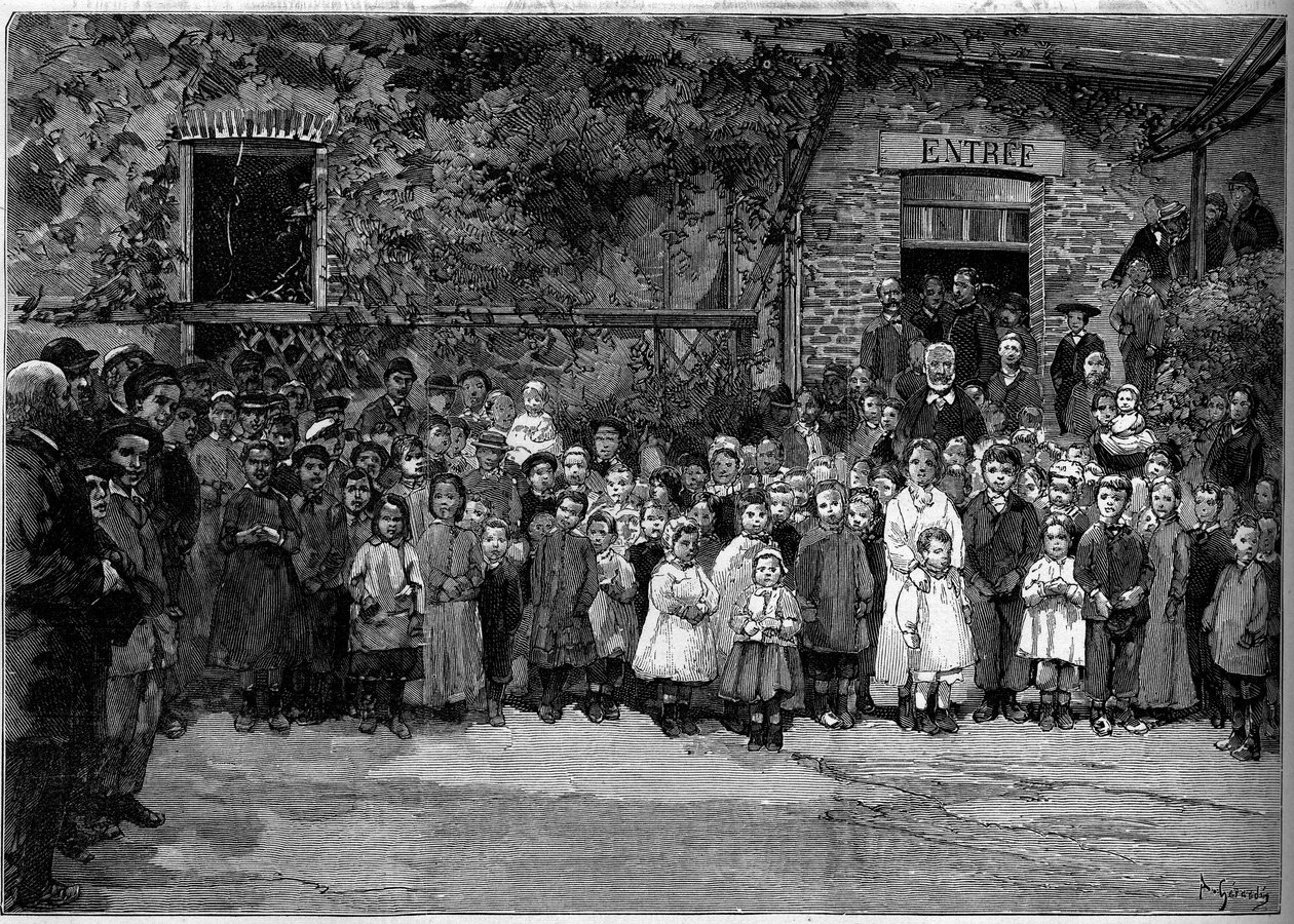 Victor Hugo (1802-1885) met de arme kinderen van Veules-en-Caux aan wie hij op 24 september 1882 een banket aanbood. Gravure door Gerardin in "Le Monde Illustré" nr. 1333 van 14 oktober 1882. door Auguste (after) Gerardin