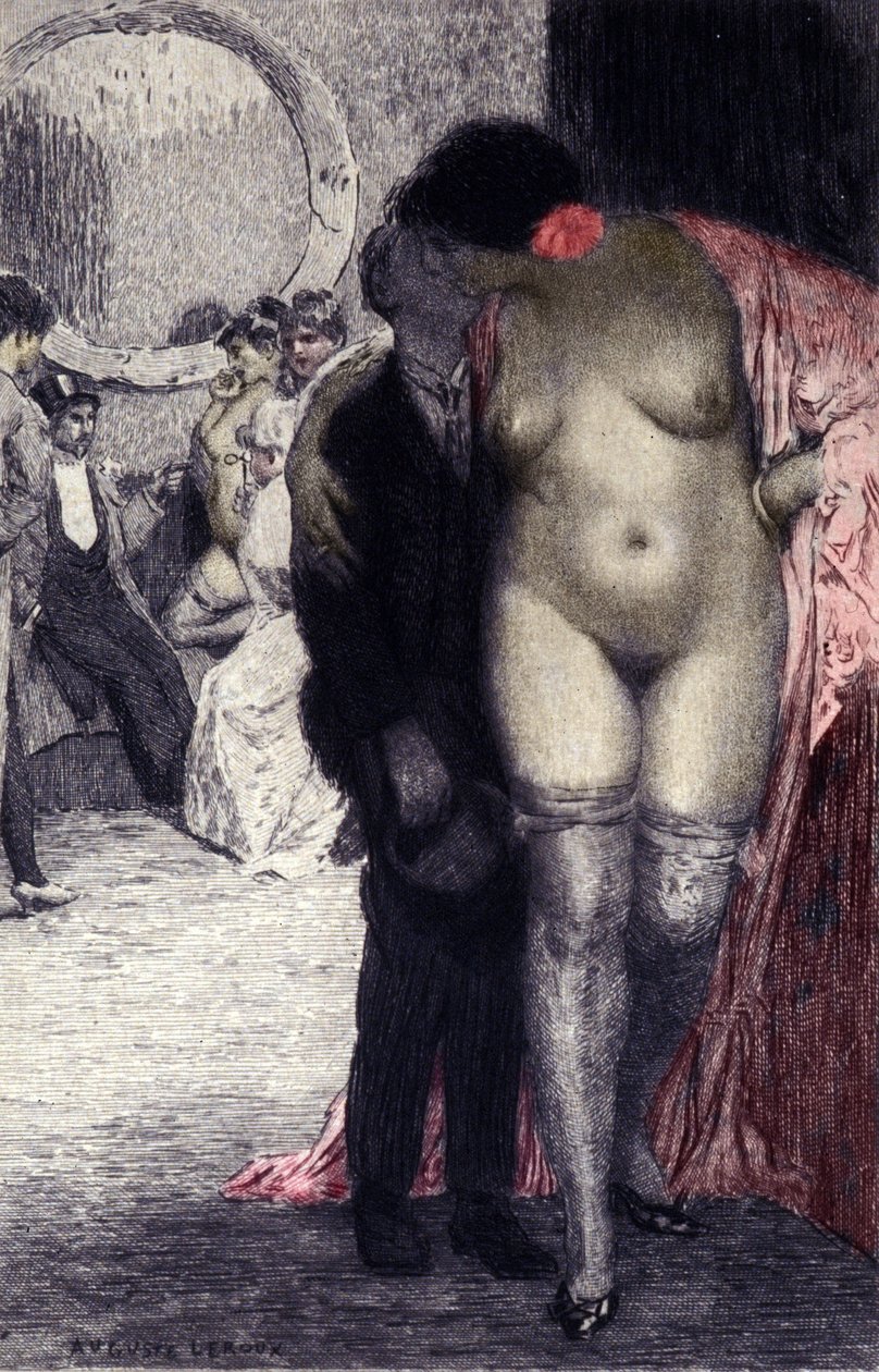 Interieur van een Frans bordeel (bordeel). Een klant met een prostituee. Illustratie door Auguste Leroux (1871-1954) door Auguste (after) Leroux