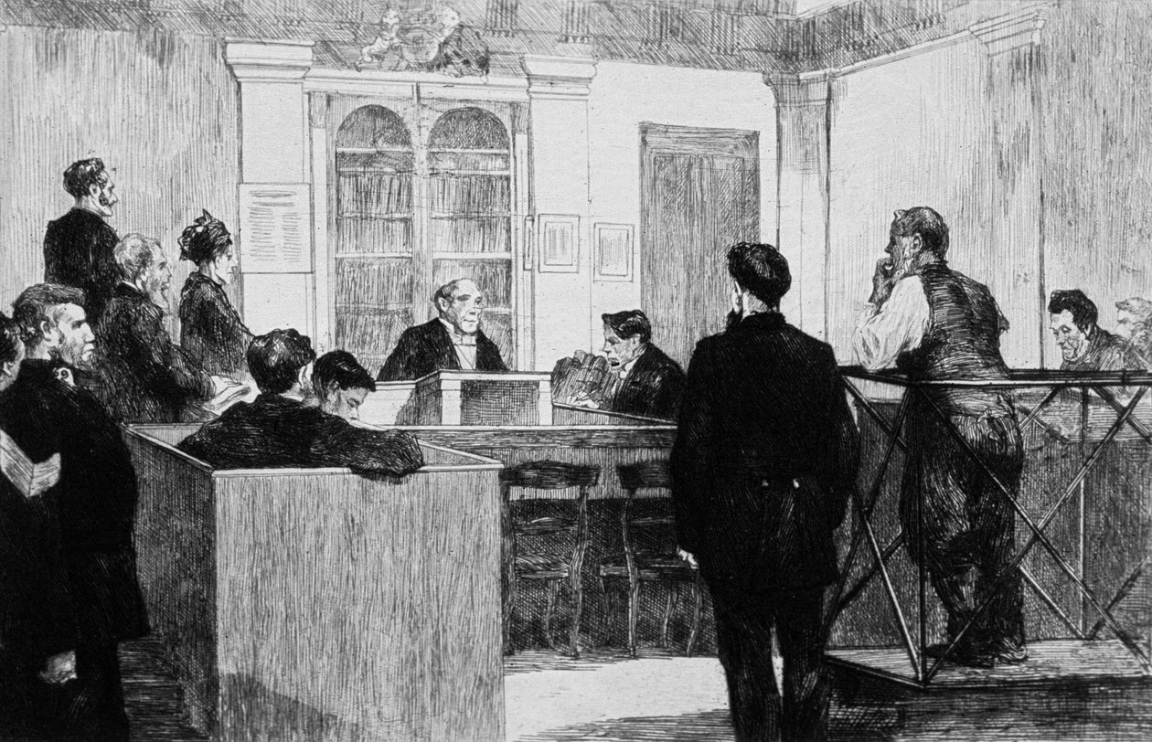 Bow Street Police Court Hall in Londen in 1884 door Auguste Andre Lancon
