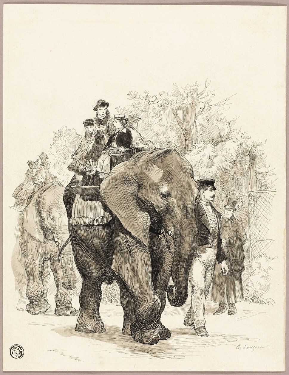 Olifant met ruiters in Jardin des Plantes, Parijs door Auguste Andre Lancon
