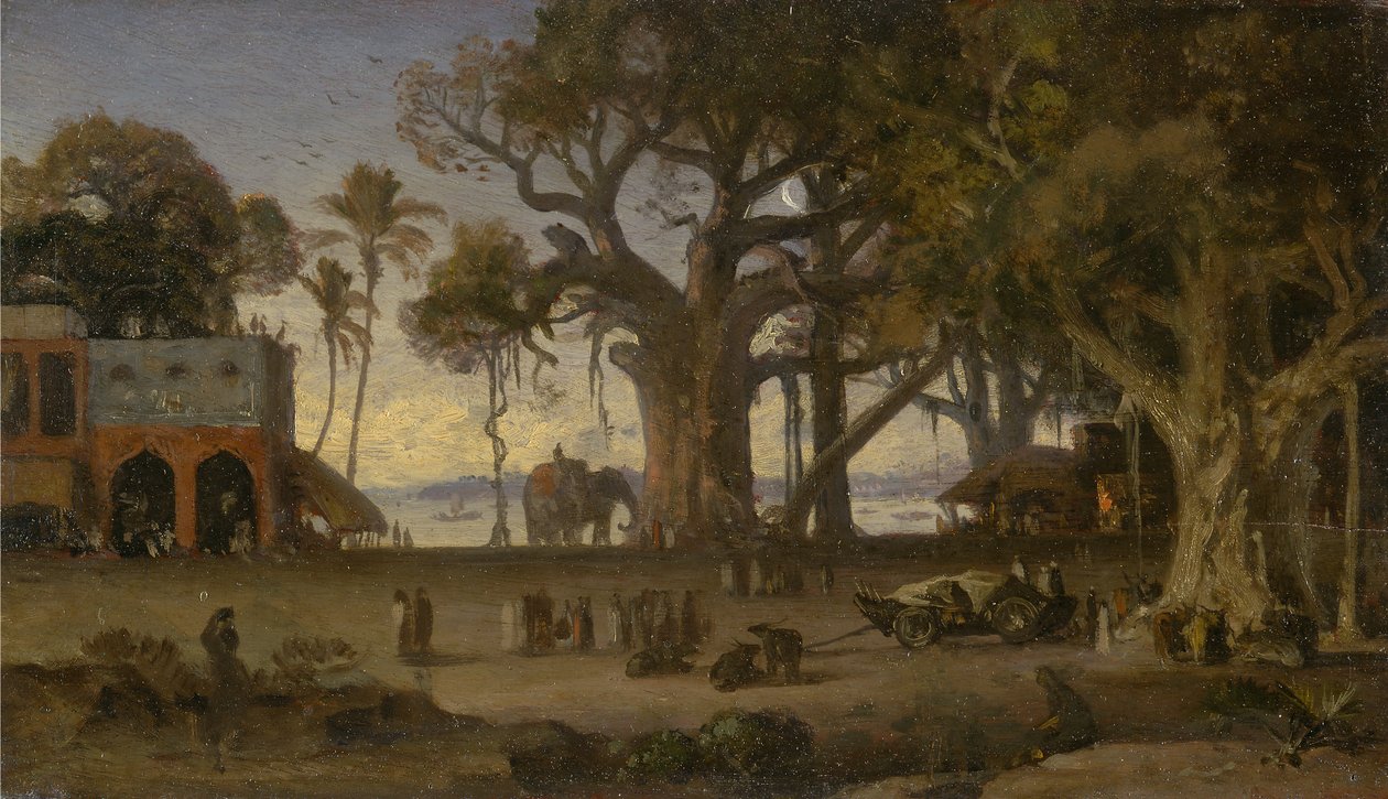 Maanverlichte Scène van Indiase Figuren en Olifanten tussen Banyanbomen, Boven-India (waarschijnlijk Lucknow) door Auguste Borget