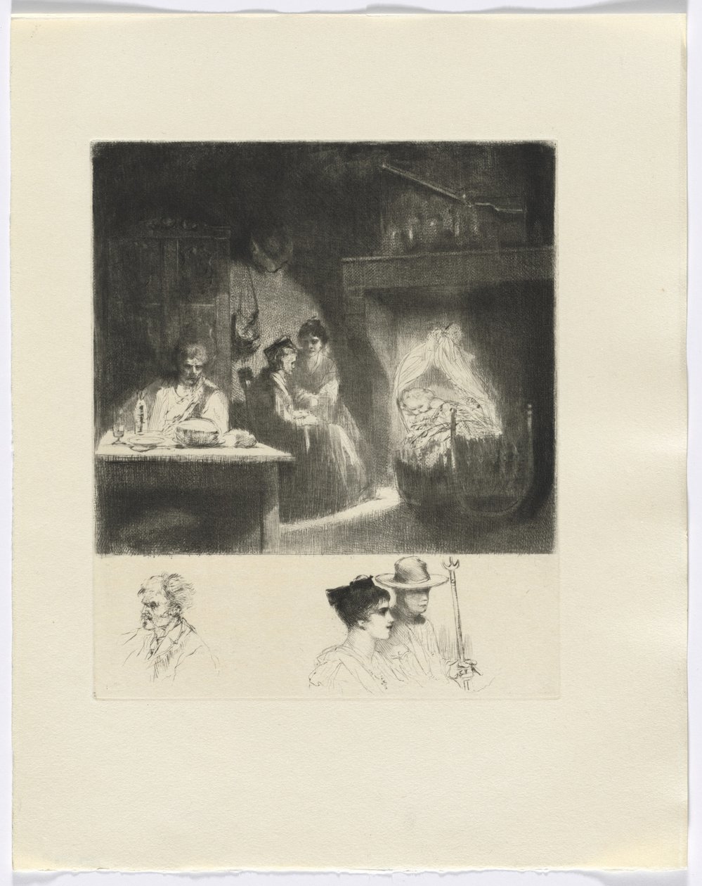 Frédéric Mistral: Mémoires et Recits van Frédéric Mistral: familiescène/buste van drie figuren (inzet na p. 48) door Auguste Brouet