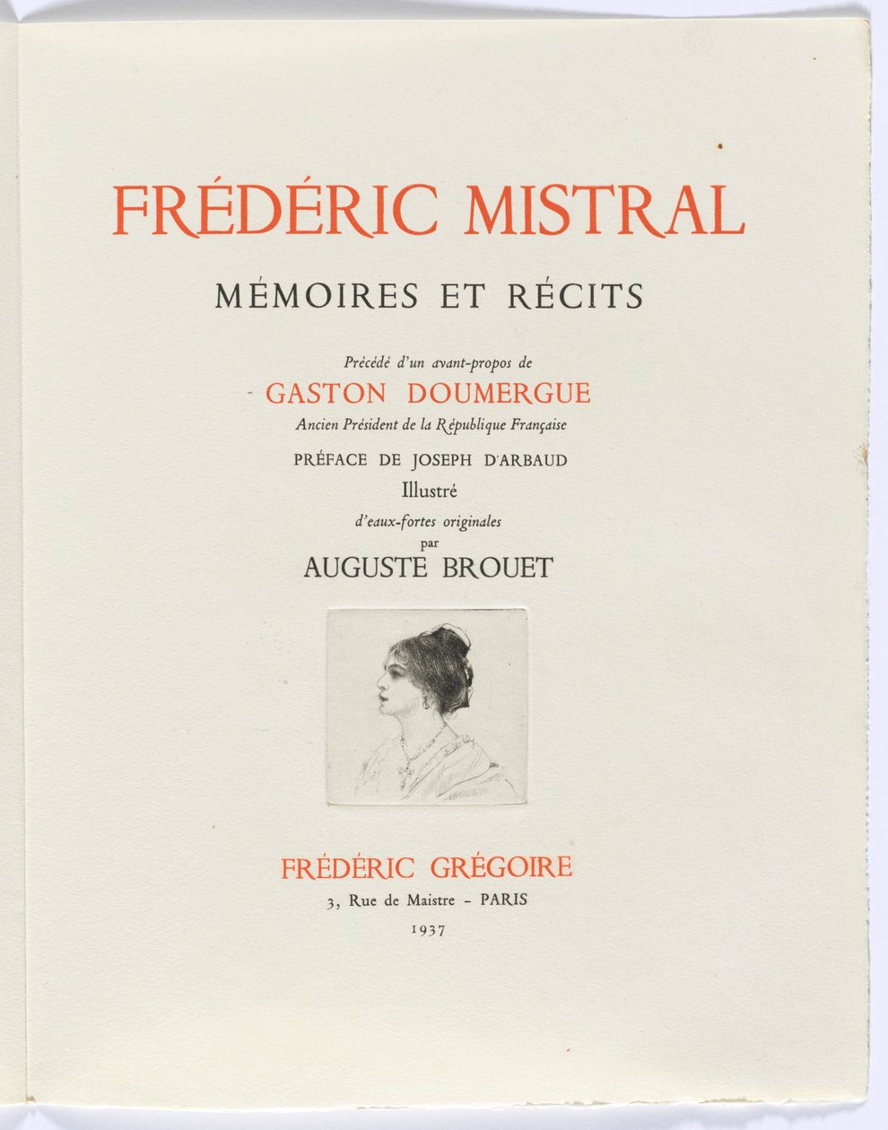 Frédéric Mistral: Mémoires et Recits van Frédéric Mistral: titelpagina, buste van vrouw in profiel door Auguste Brouet