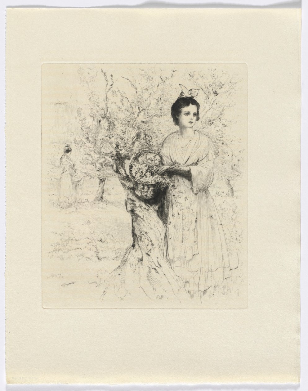 Frédéric Mistral: Mémoires et Recits van Frédéric Mistral: vrouw buiten met een mand bloemen (invoegen na p. 192) door Auguste Brouet