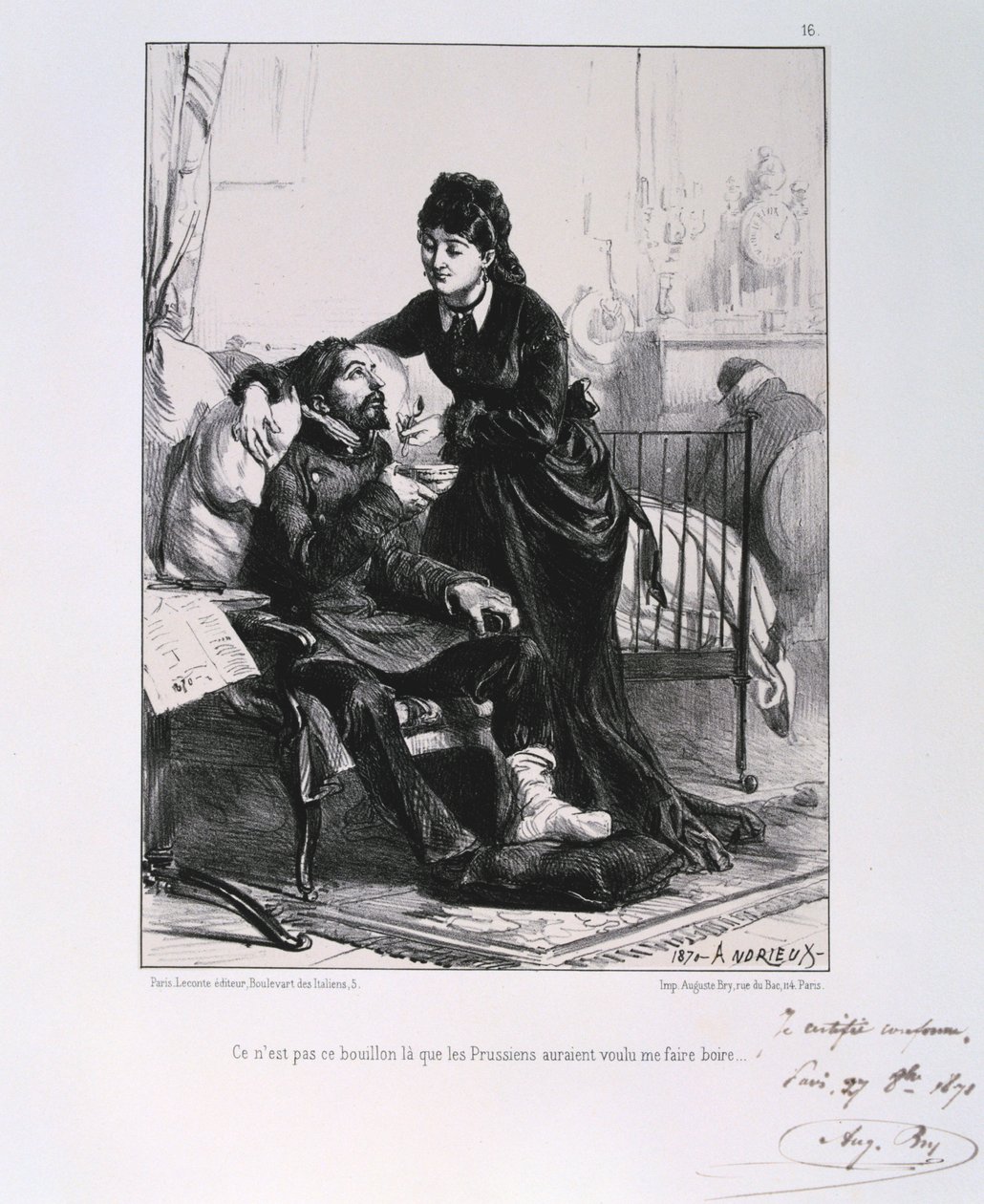 Een vrouw die een gewonde soldaat soep geeft, Beleg van Parijs, Frans-Duitse Oorlog, 1870-1871 door Auguste Bry