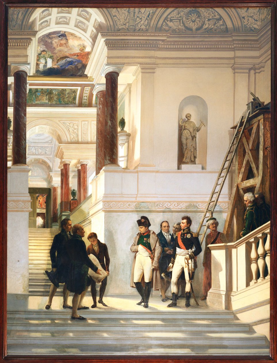 Napoleon I bezoekt de trap van het Louvre, vergezeld door architecten Percier en Fontaine ... door Auguste Couder