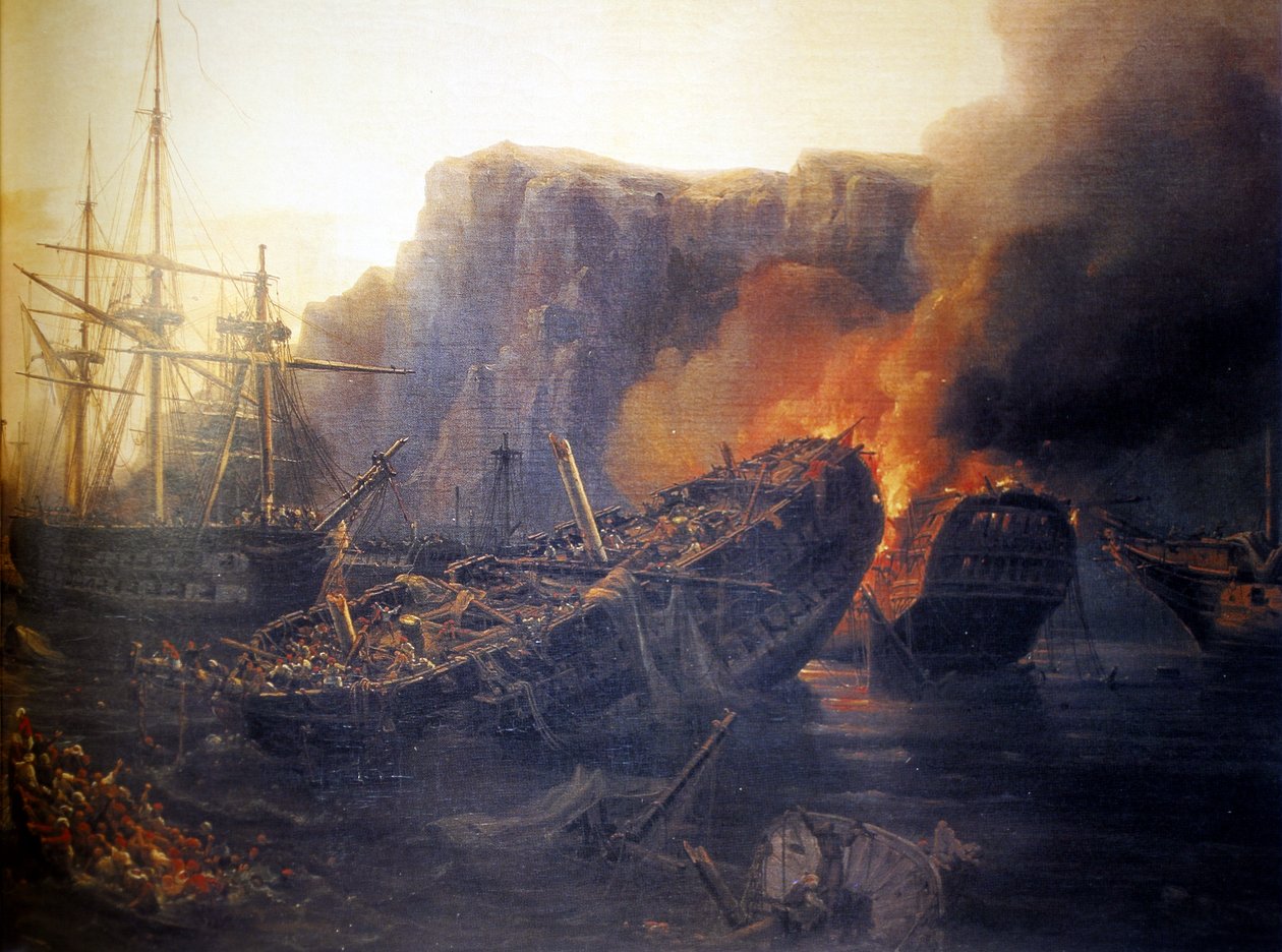 Frans:  Le soir de la bataille de Navarin, 1827 Avond van de slag bij Navarino door Auguste Etienne Francois Mayer