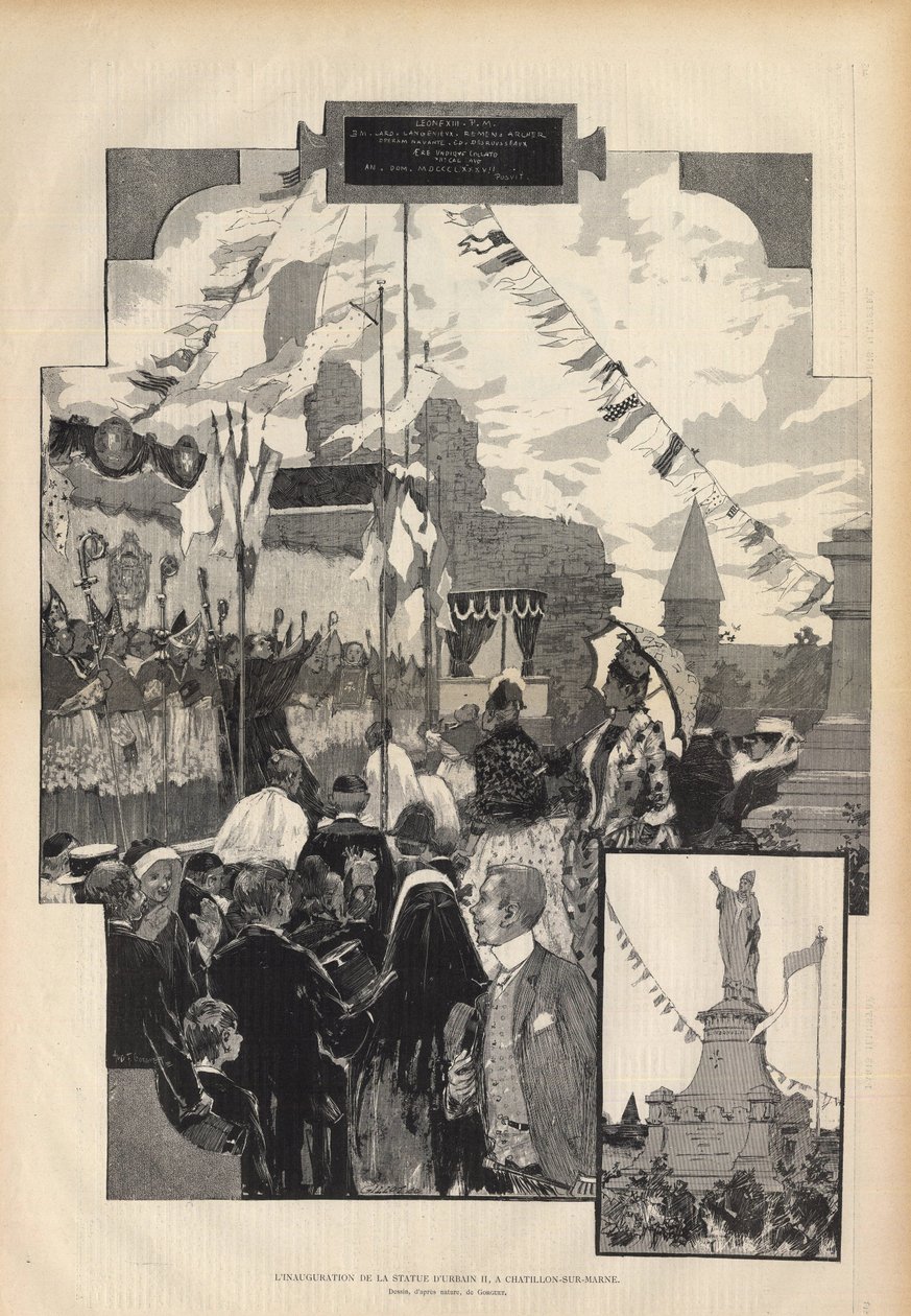Inhuldiging van het standbeeld van Paus Urbanus II in CHATILLON-SUR-MARNE op 21 juli 1887. Tekening naar de natuur door Auguste Francois Marie Gorguet (1862-1927), in Parijs illustere van 1887. door Auguste Francois Gorguet