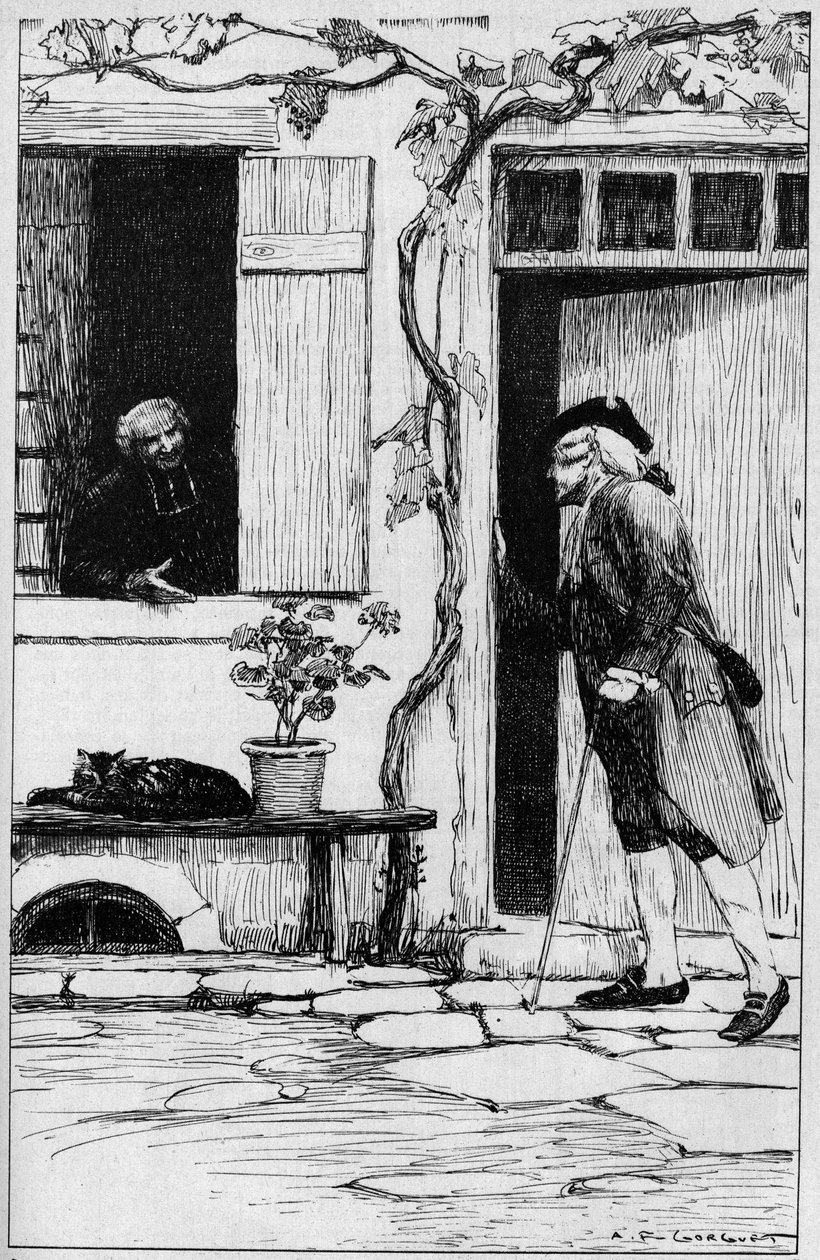 De parochie van het dorp Ermenonville nodigt de filosoof Jean Jacques Rousseau (1712-1778) uit om zijn pastorie binnen te gaan. Oise (60). Illustratie door Auguste Francois Gorguet door Auguste Francois Gorguet