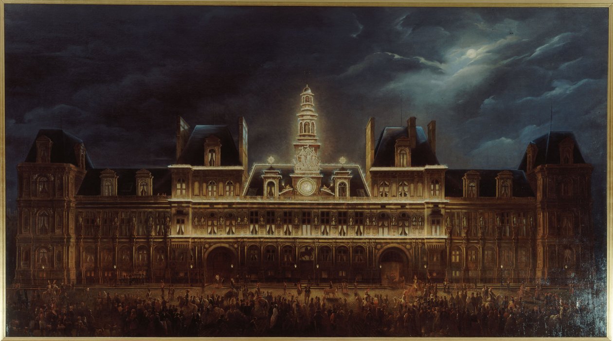 Verlichting van het Stadhuis voor de Koningsdag, 1 mei door Auguste Jean Simon Roux