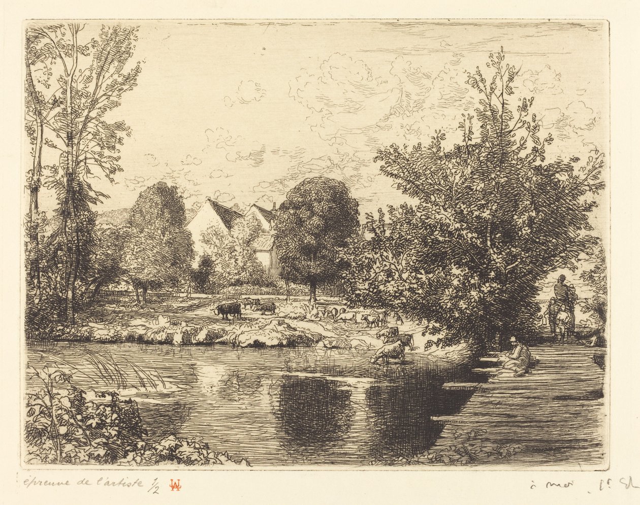 Oude voetbrug, oevers van de Kleine Morin door Auguste Lepere
