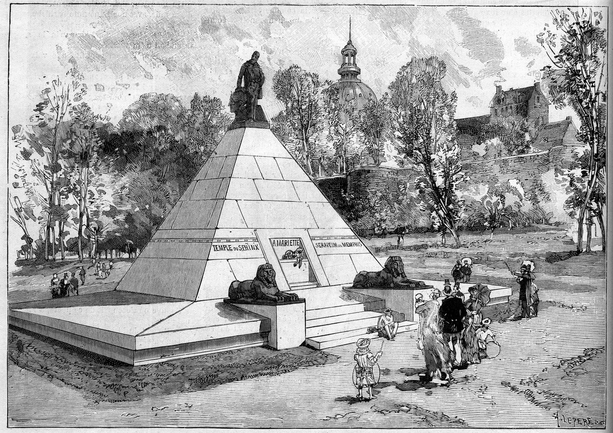 Uitzicht op het monument ter nagedachtenis aan de Franse egyptoloog Auguste-Edouard (Auguste Edouard) Mariette (1821-1881) in Boulogne-sur-Mer, Pas de Calais (62). Gravure door Lepere in 