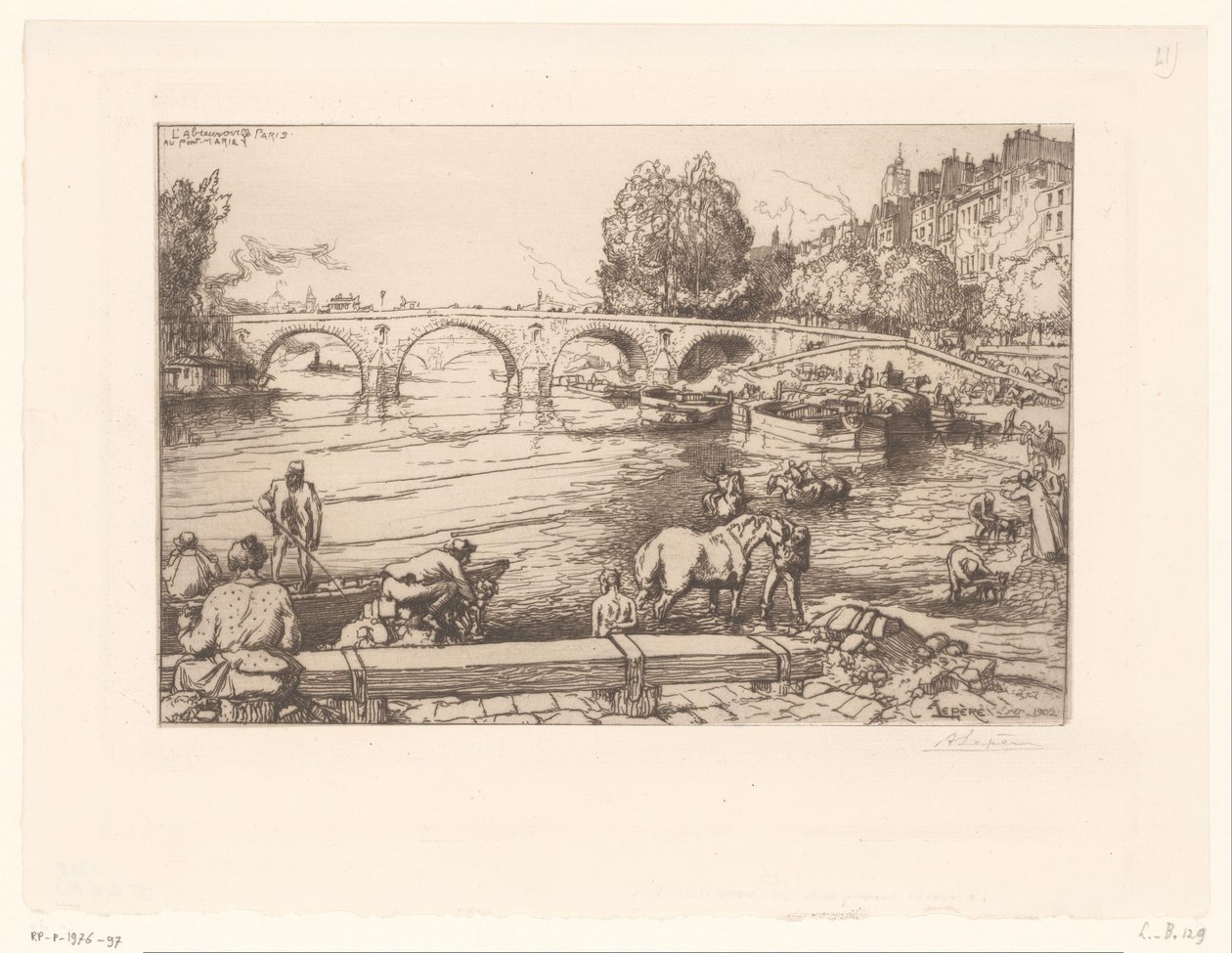 Gezicht op de Pont Marie met figuren in de Seine door Auguste Lepère (signed by artist)