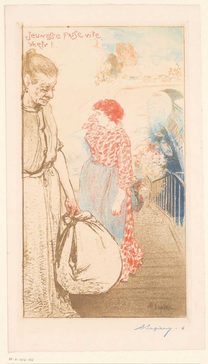 Wasvrouwen op een trap langs de Seine door Auguste Lepère (signed by artist)