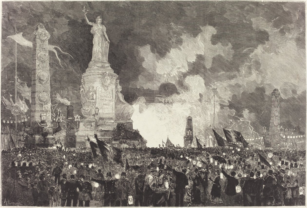 14 Juli. Verlichting van het Place de la République door Auguste Lepère after Henri Louis Scott