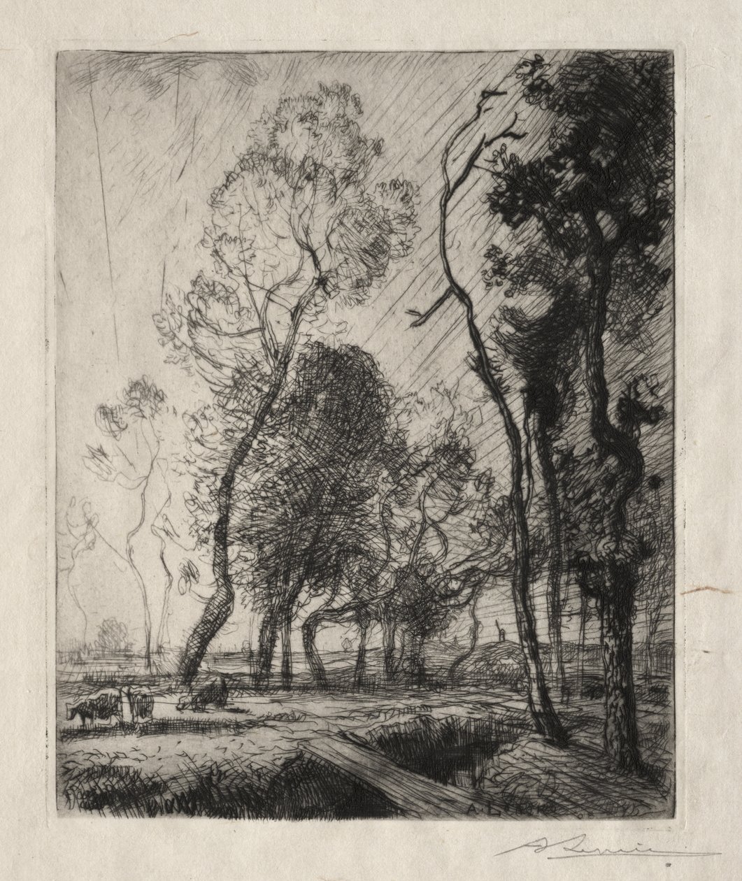 Zonsondergang achter de bomen door Auguste Louis Lepère