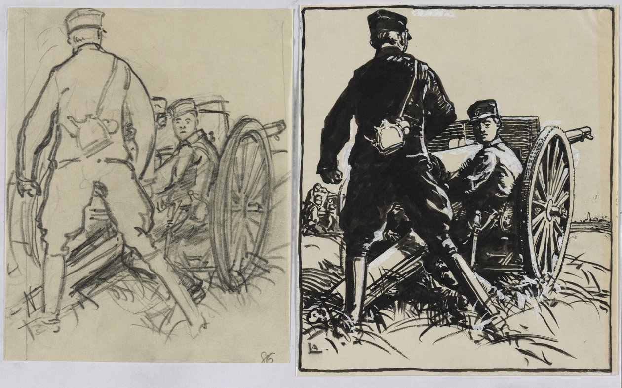 Belgische artilleristen door Auguste Louis Lepère