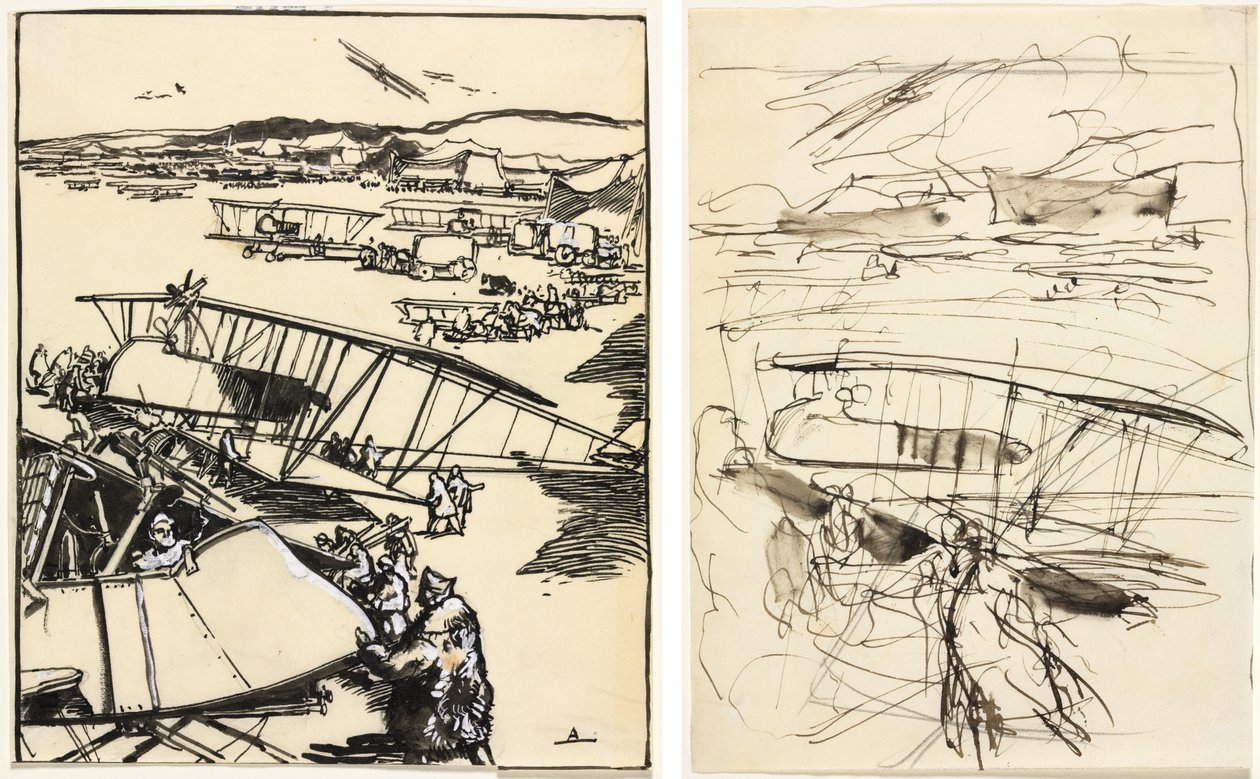 Vliegtuigen rustend op het veld (recto en verso) door Auguste Louis Lepère