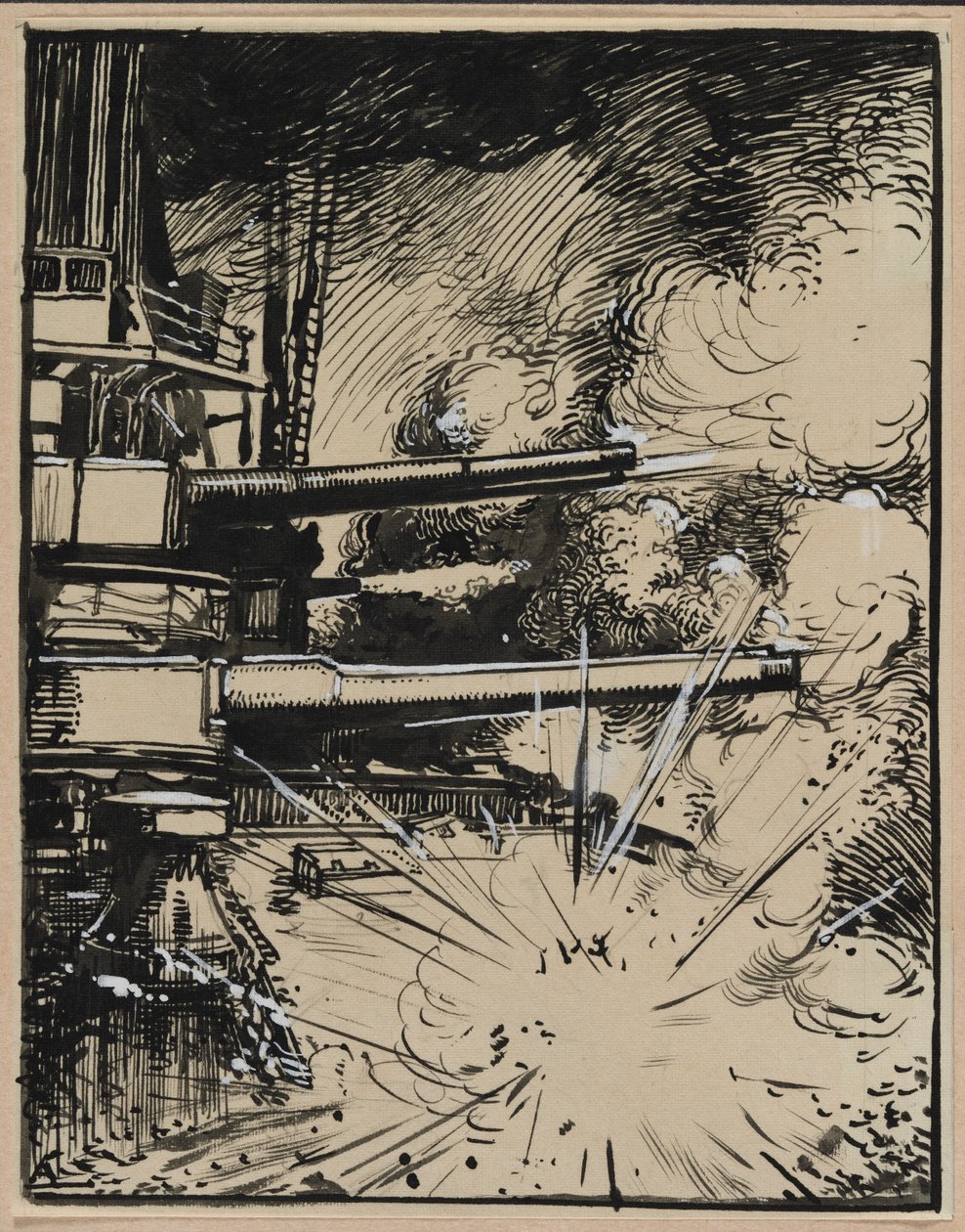 Bom ontploft op een gepantserd schip met gerichte kanonnen door Auguste Louis Lepère
