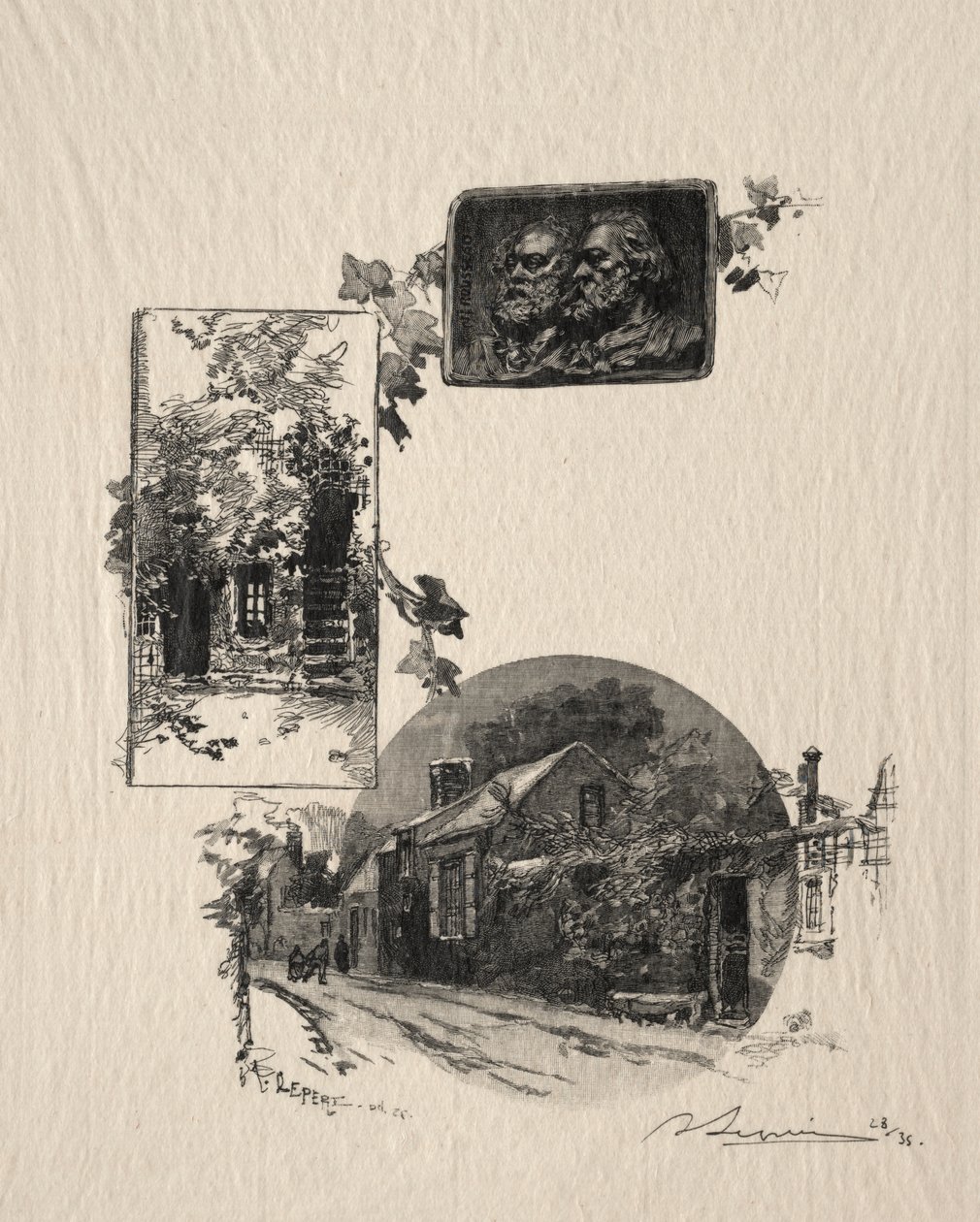 Ingang van het atelier Rousseau en het Huis van Millet door Auguste Louis Lepère