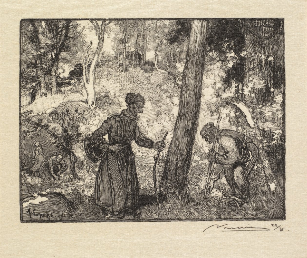 Fontainebleau Bos: Paddenstoelenjagers bij de Rocher Bernard door Auguste Louis Lepère