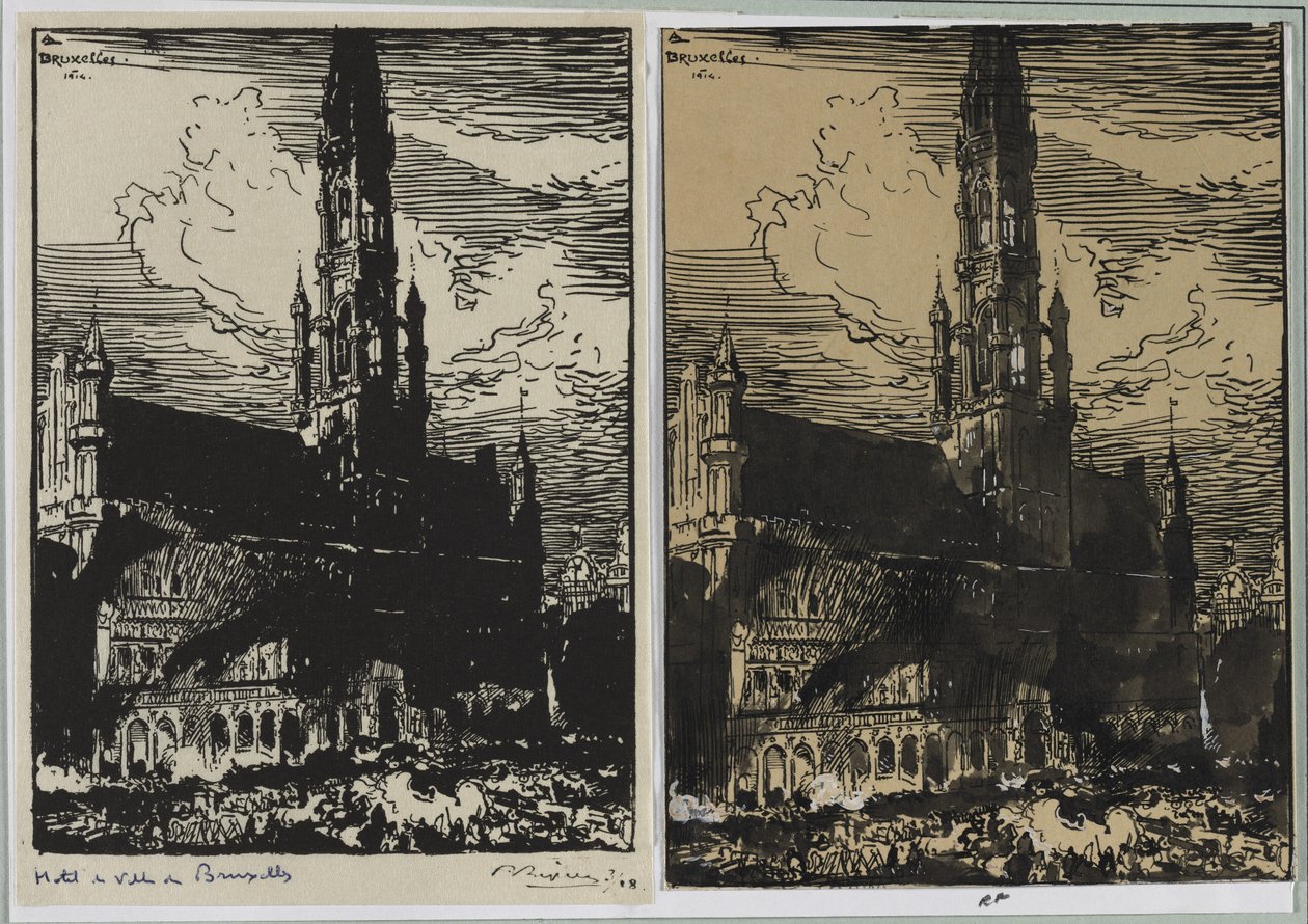 Stadhuis van Brussel in brand, 1914 door Auguste Louis Lepère