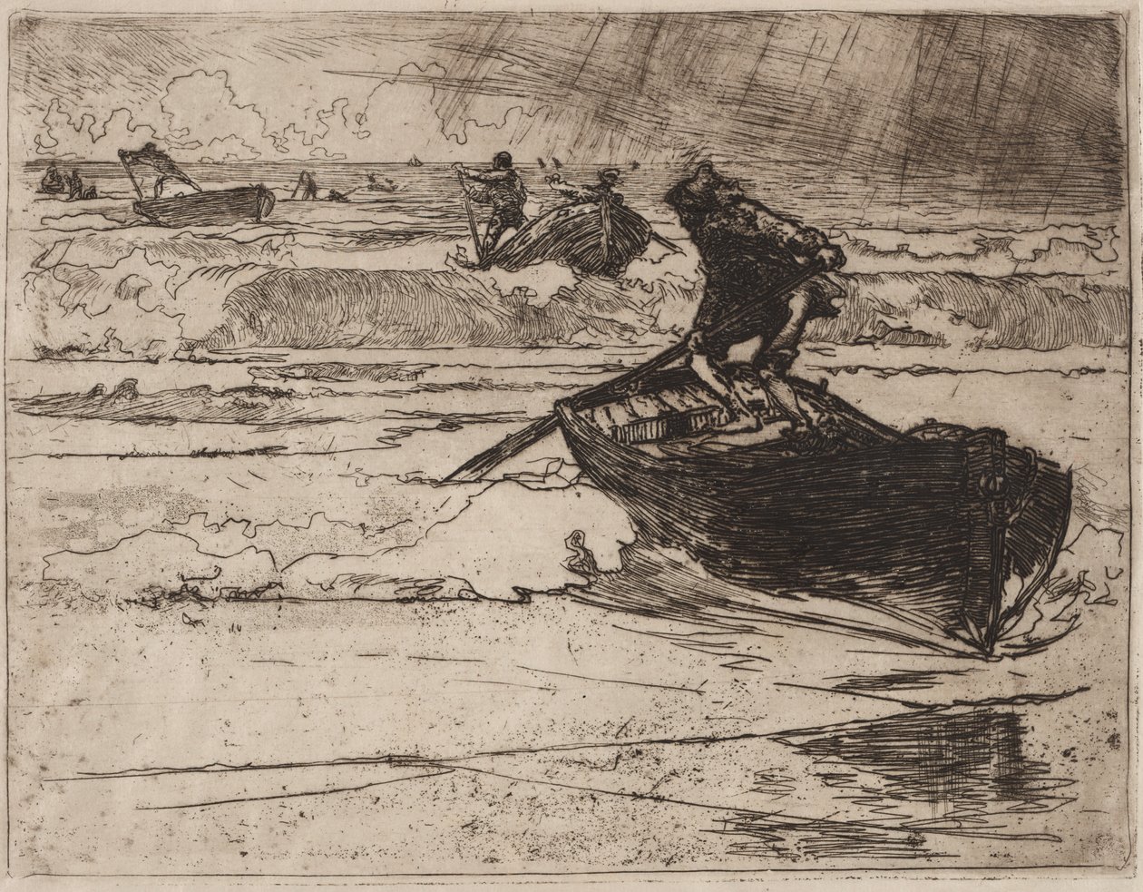 Vissers vluchten voor de storm door Auguste Louis Lepère