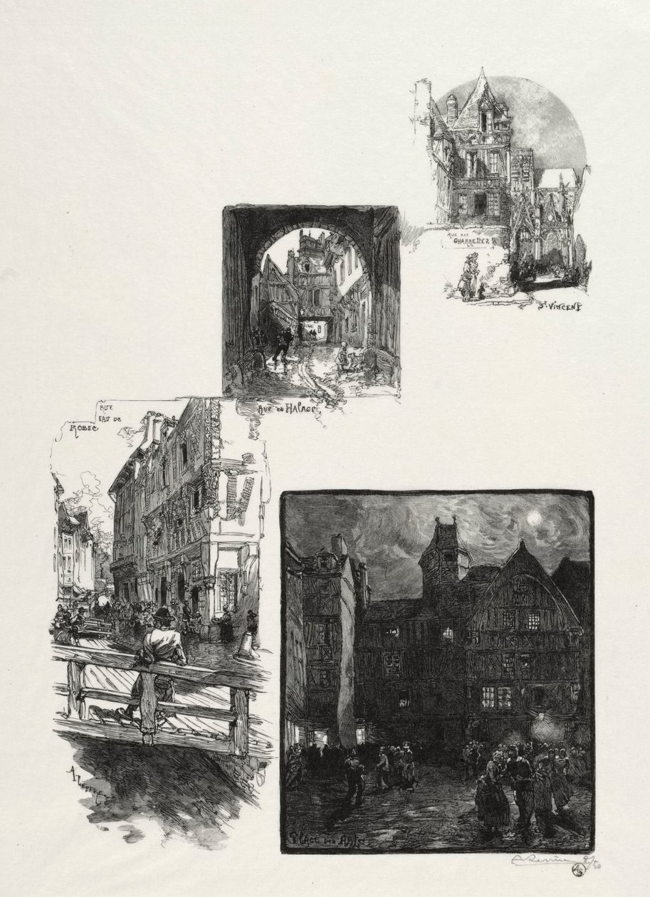 Rouen Illustré: Rue des Charretes, Rue de Halage, Rue Eau de Robec, Place des Arts, 1896 door Auguste Louis Lepère