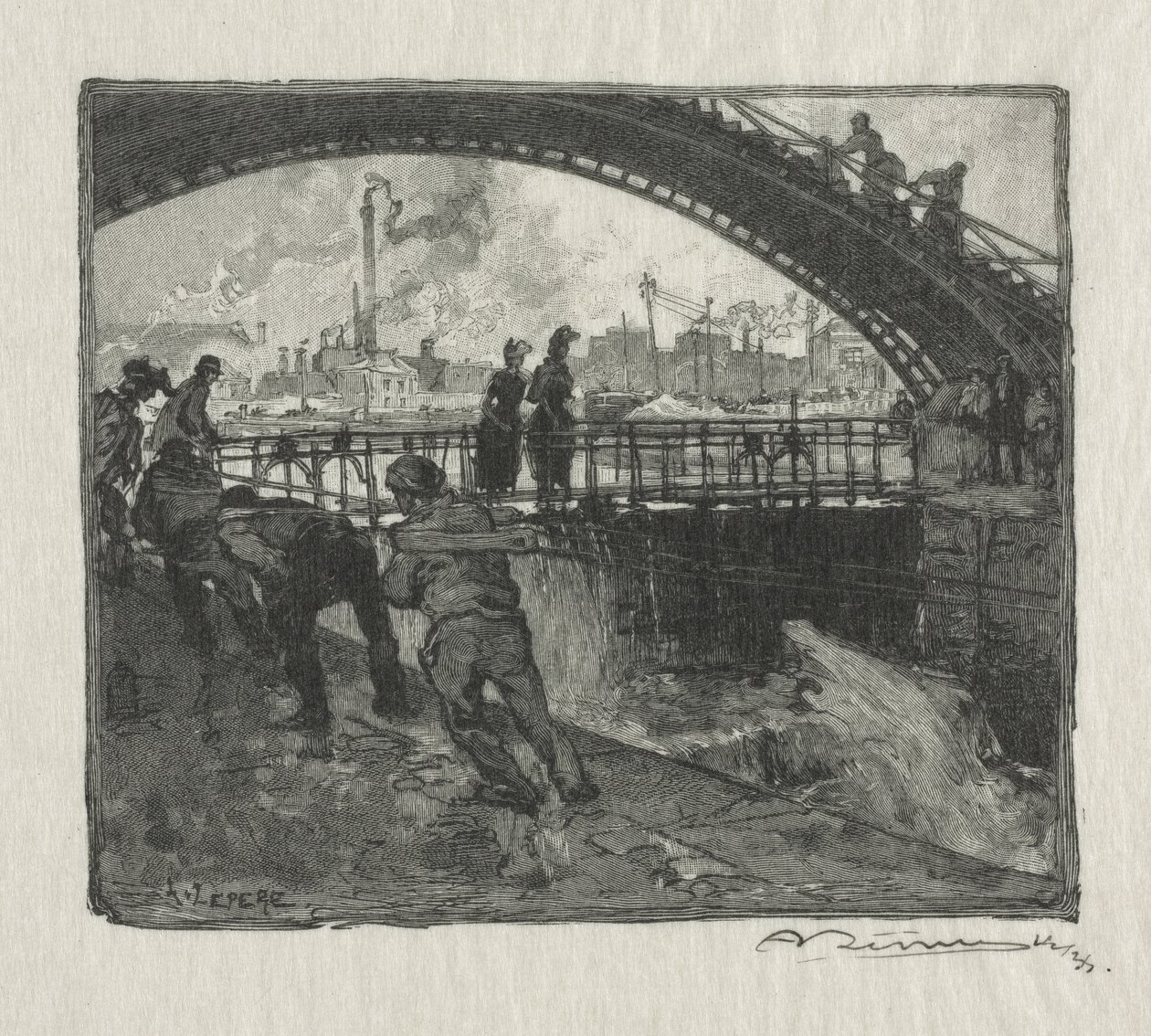 De sluis van het St. Martin-kanaal door Auguste Louis Lepère