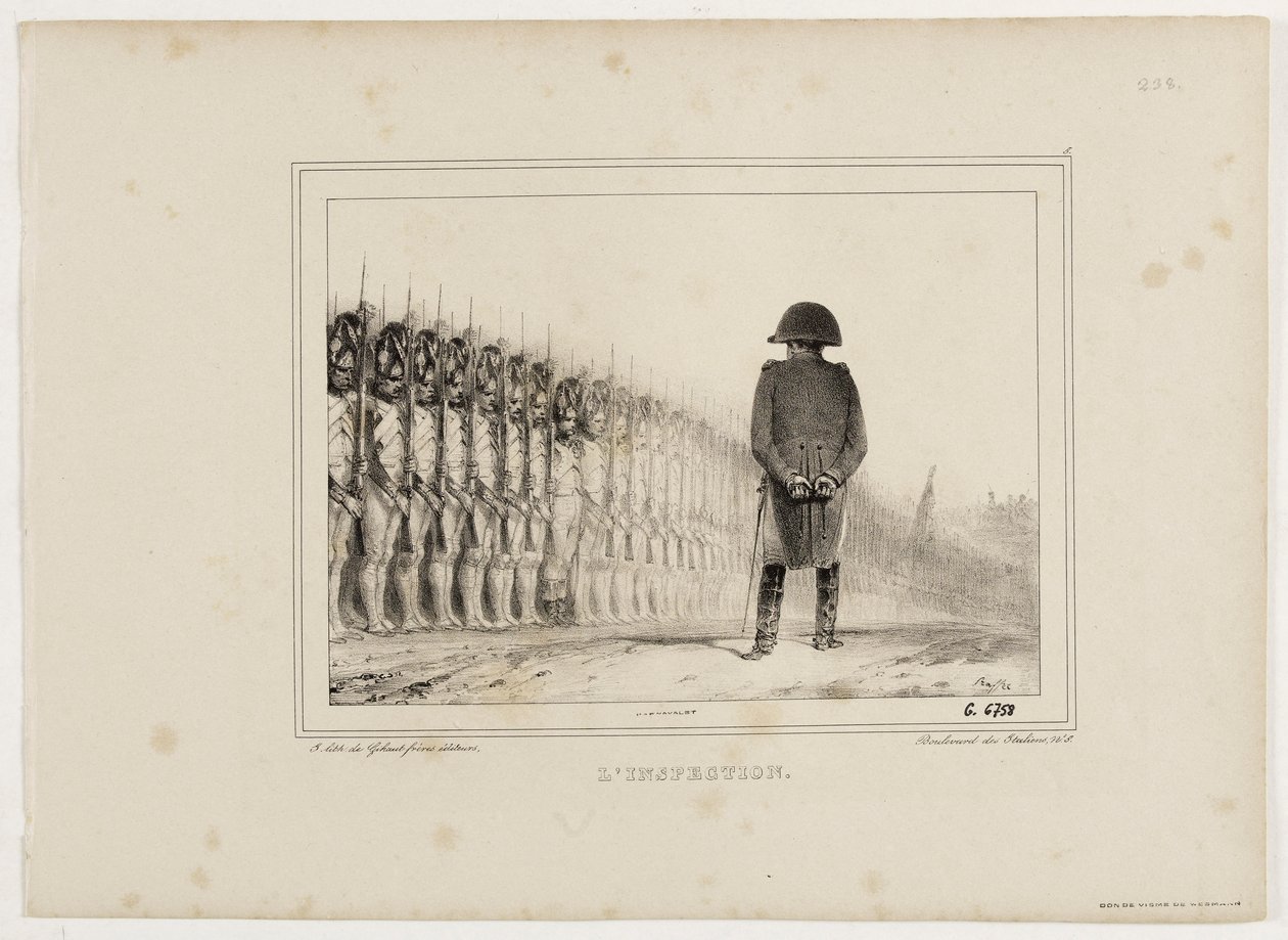 Lithografiealbum uit 1833, nr. 5: De inspectie. door Auguste Raffet