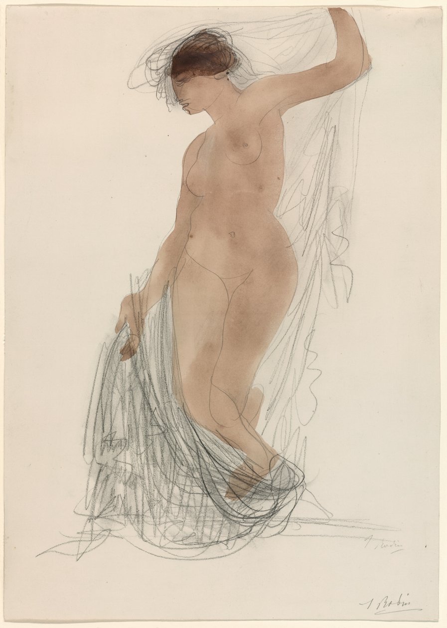 Staand naakt met gordijnen door Auguste Rodin
