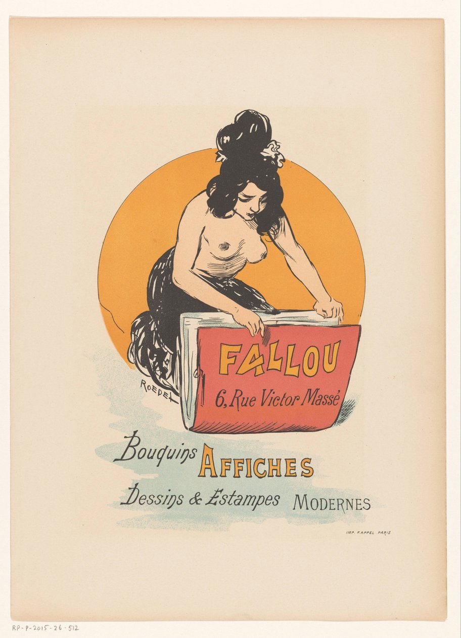 Affiche voor boek- en prenthandel Fallou te Parijs door Auguste Roedel