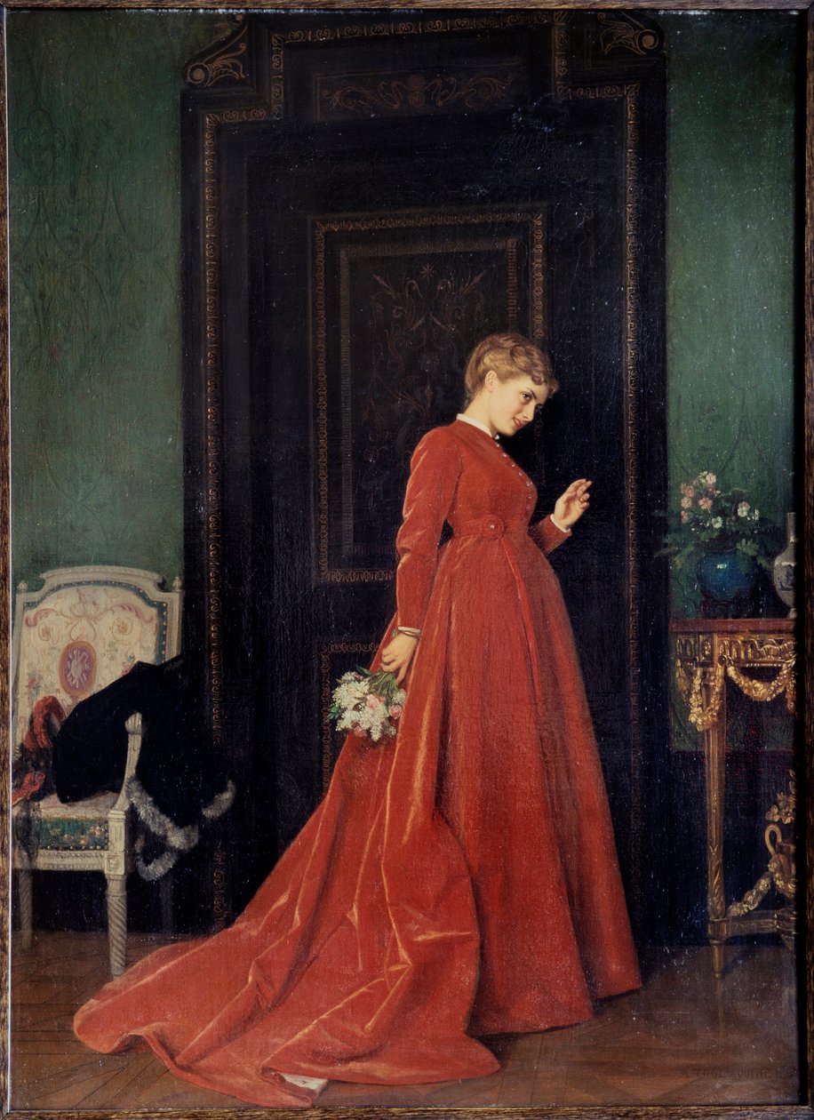 De aankomst. Een elegante vrouw in een rode jurk staat op het punt aan te kloppen. Ze houdt een boeket bloemen vast en haar gezicht drukt een mengeling uit van ongeduld, nieuwsgierigheid en twijfel. Schilderij van Auguste Toulmouche (1829-1890). Olieverf o door Auguste Toulmouche