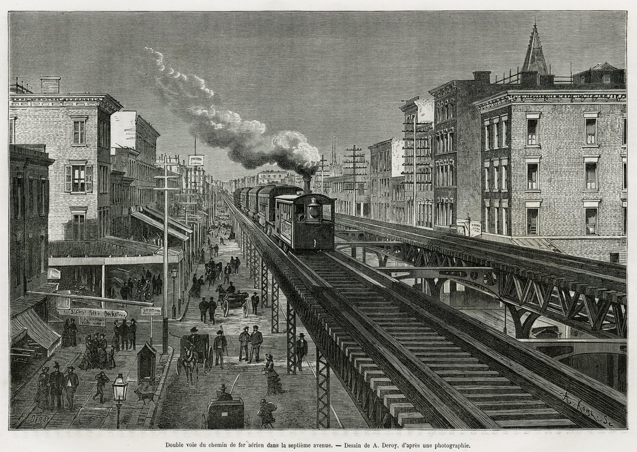 Dubbel spoor van de Airline Railway op Seventh Avenue, New York, New York. Edouard de Laveleye, in 1878-1879, gepubliceerd in de Tour du monde, onder leiding van Edouard Charton (1807-1890) door Auguste Victor Deroy