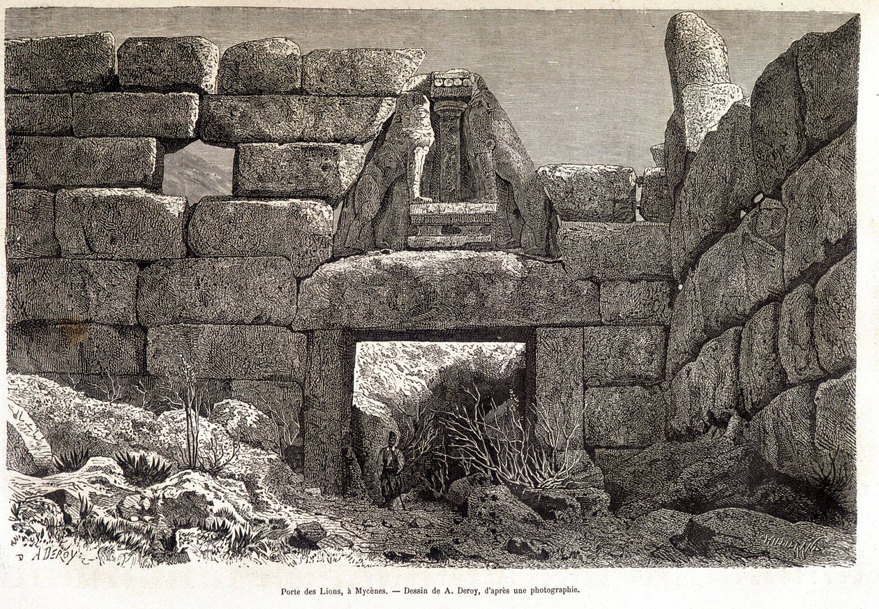 Poort van de Leeuwen in Mycene - tekening door A. Deroy, in "Rond de Wereld" 1877 2e semester door Auguste Victor Deroy