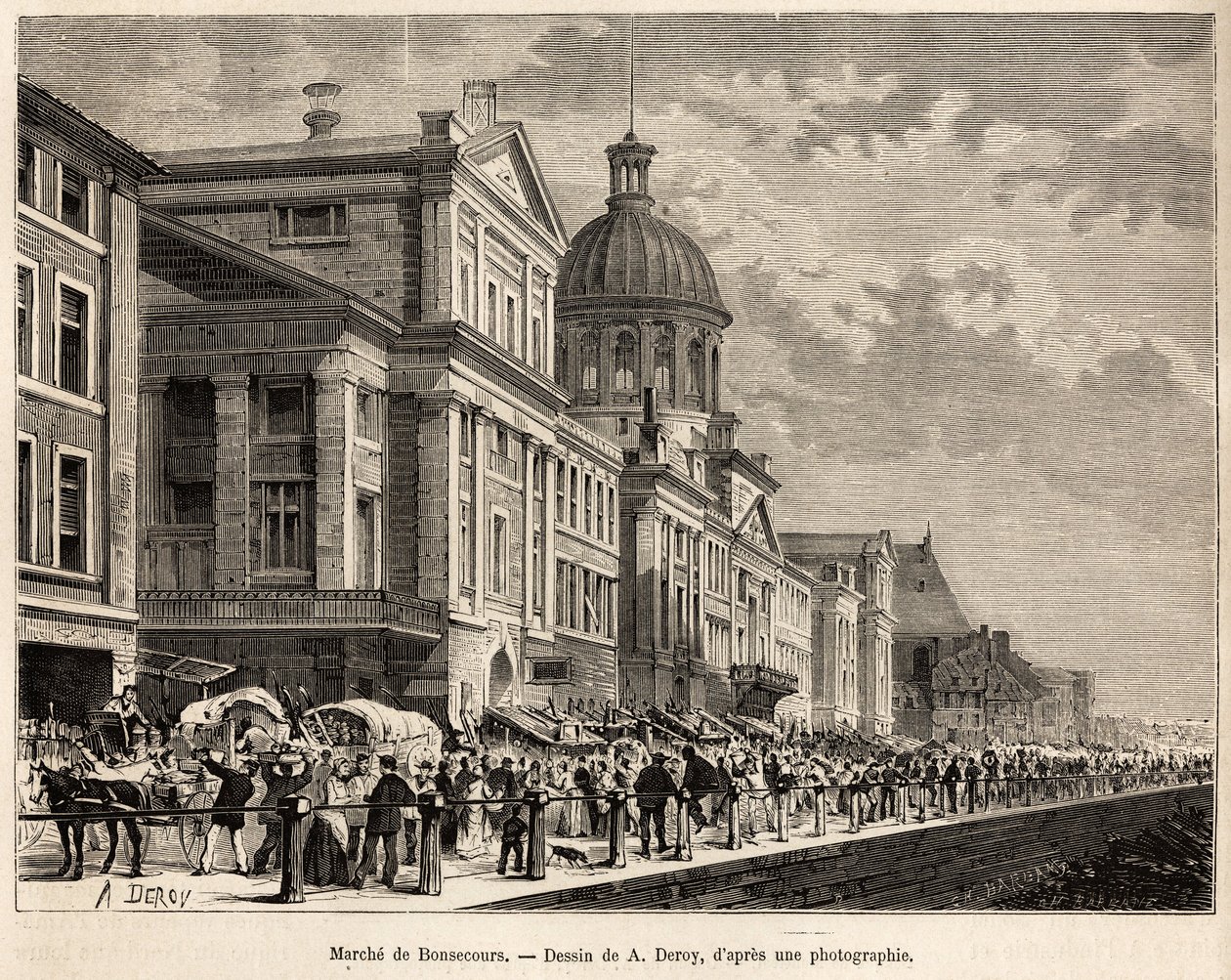 Le marche de Bonsecours, een toeristisch en cultureel centrum van Montreal, gegraveerd naar een tekening van A. Deroy, ter illustratie van de excursie naar Canada en de Riviere Rouge du nord, door H. De Lamotte, in 1873, gepubliceerd in Le tour du monde, 1 door Auguste Victor Deroy