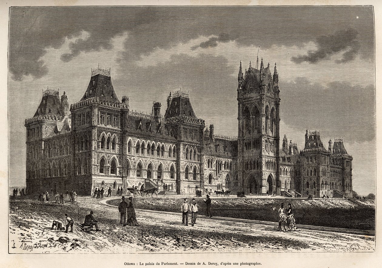 Het parlementsgebouw in Ottawa, gebouwd tussen 1859 en 1876, gegraveerd naar een tekening van A. Deroy, ter illustratie van de excursie naar Canada en de Red River of the North, door H. De Lamotte in 1873, gepubliceerd in 