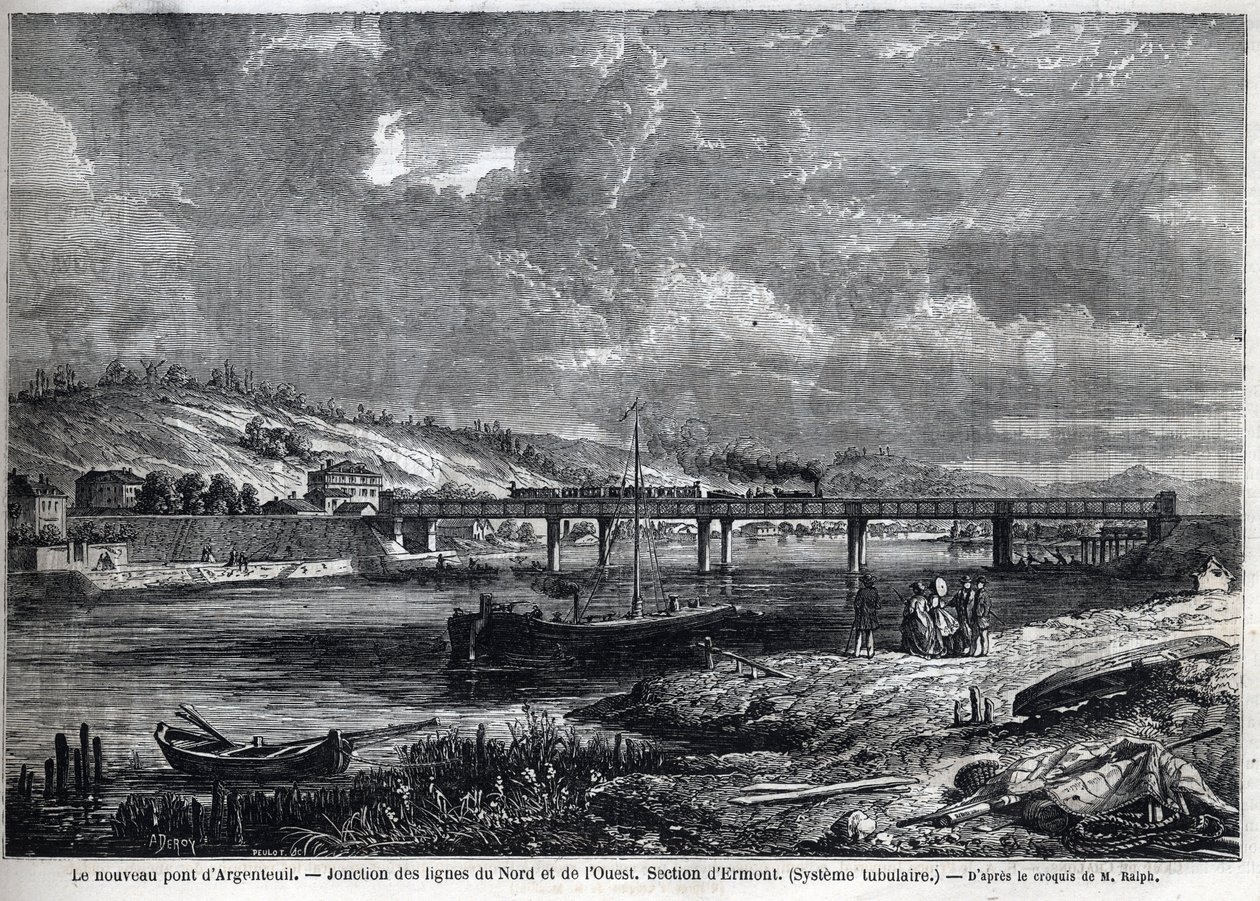 De nieuwe brug bij Argenteuil. Verbinding van de Noord- en Westlijnen. Ermont-sectie (buisvormig systeem). Gravure naar schets van Ralph in "Le Monde illustré", 29/08/1863. Privécollectie. door Auguste Victor Deroy