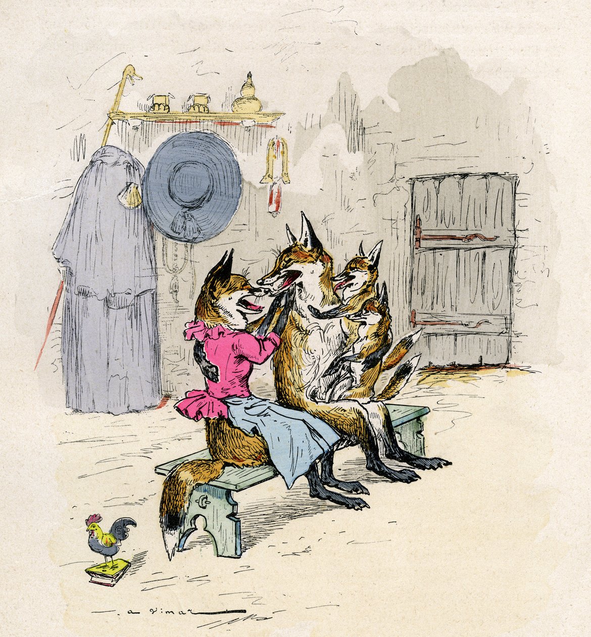 Illustratie door A. Vimar voor de Roman de Renart (roman van de vos), editie Henri Laurens 19e eeuw - Goupil en Hermeline de vos, zijn vrouw, thuis, met hun kinderen de kleine vossen - door Auguste Vimar