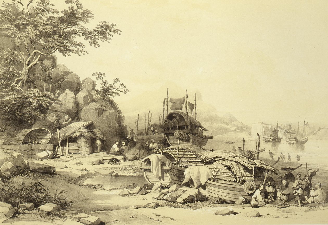 Woonboten in de Baai van Cowloon, plaat 6 uit Schetsen van China, gegraveerd door Eugene Ciceri, 1842 door Auguste after Borget