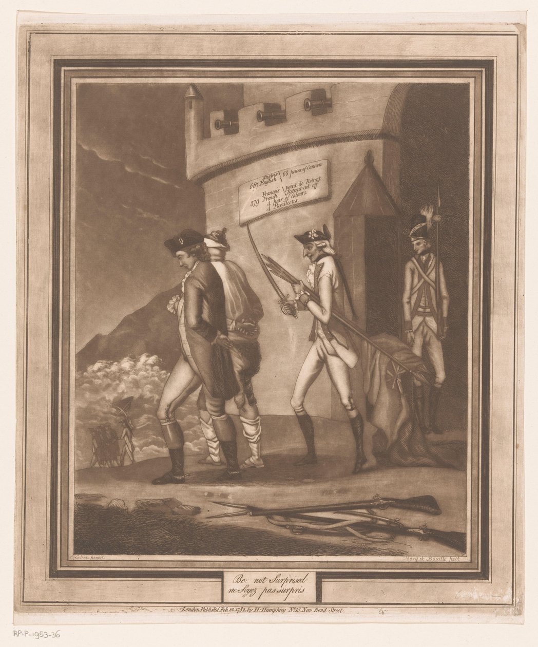 Soldaten met twee gevangenen bij toren door Auguste de Bouillé