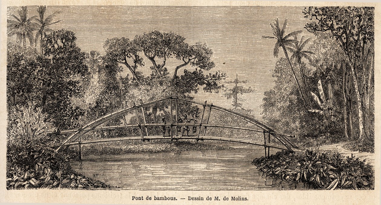 Een bamboebrug in de jungle, nabij de Salak-berg. Tekening door M. de Molins, ter illustratie van zijn reis naar Java door Auguste de Molins