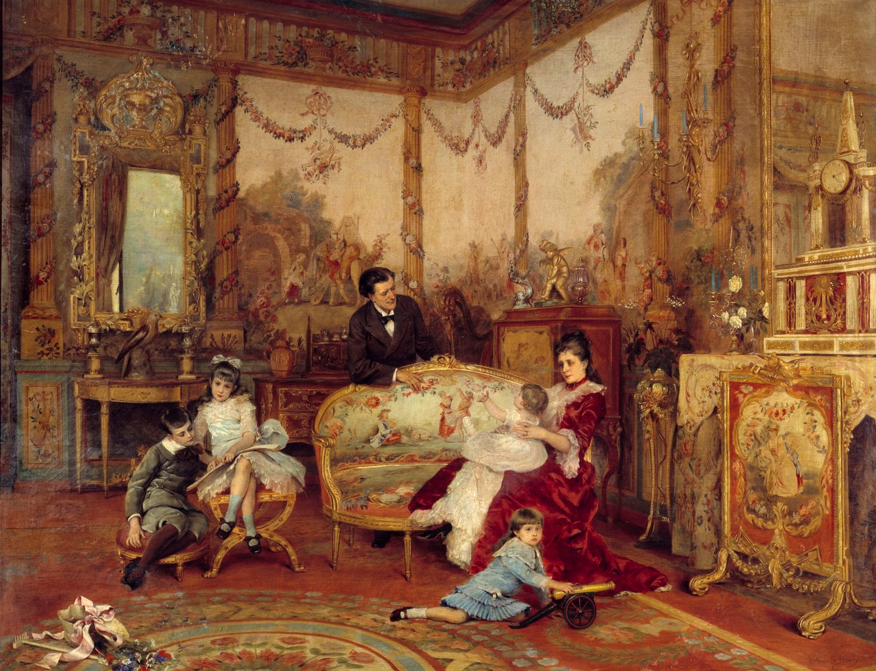 Victorien Sardou (1831 - 1908), toneelschrijver, en zijn kinderen. Uitzicht vanuit de woonkamer met vuur voor de open haard door Auguste de la Brely