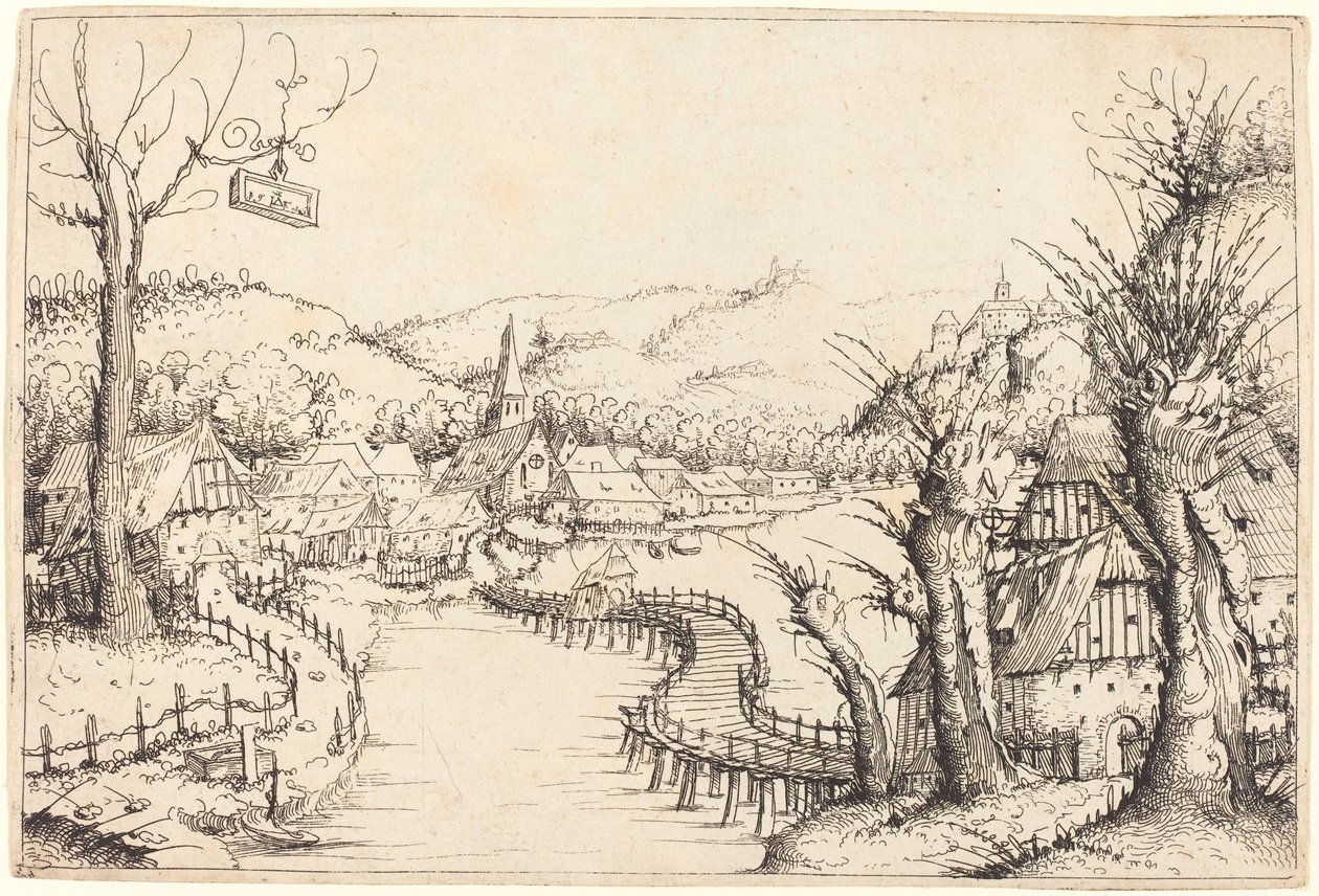 Rivierlandschap met houten brug door Augustin Hirschvogel