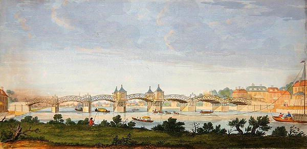 Perspectief uitzicht op Hampton Court Bridge over de rivier de Theems, gegraveerd door Charles Grignion (1717-1810) c.1754 door Augustin (after) Heckel