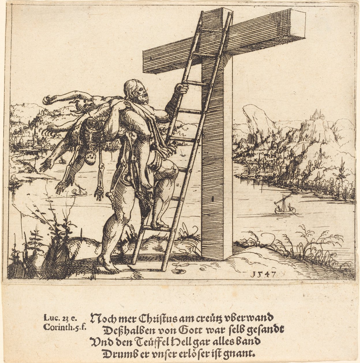 Christus die het Kruis Beklimt met Zonde, Dood en de Duivel, 1547 door Augustin Hirschvogel